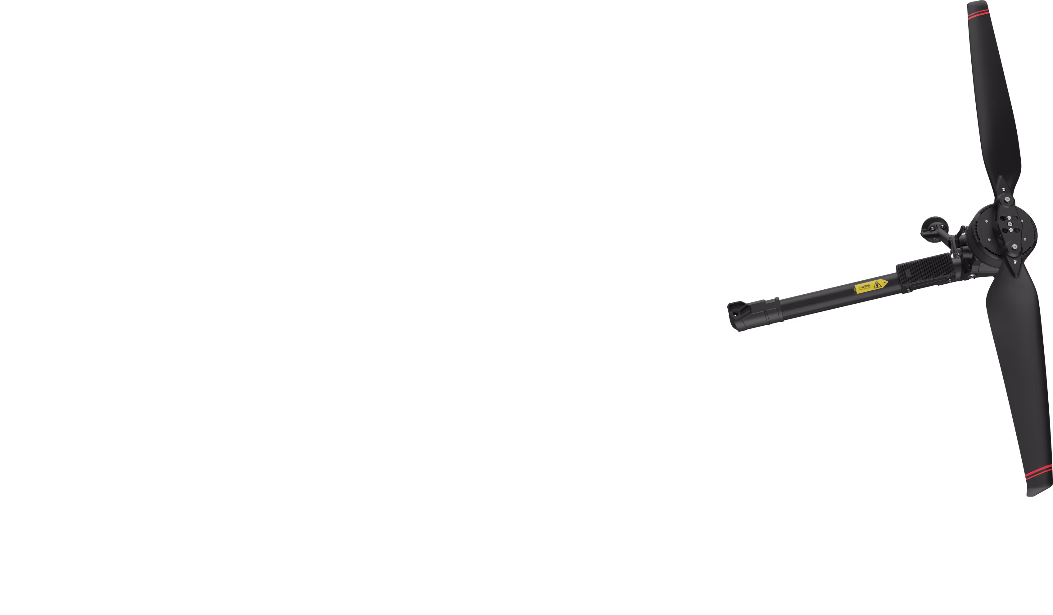Right propeller wing of a drone with two black blades and a warning label on the arm.