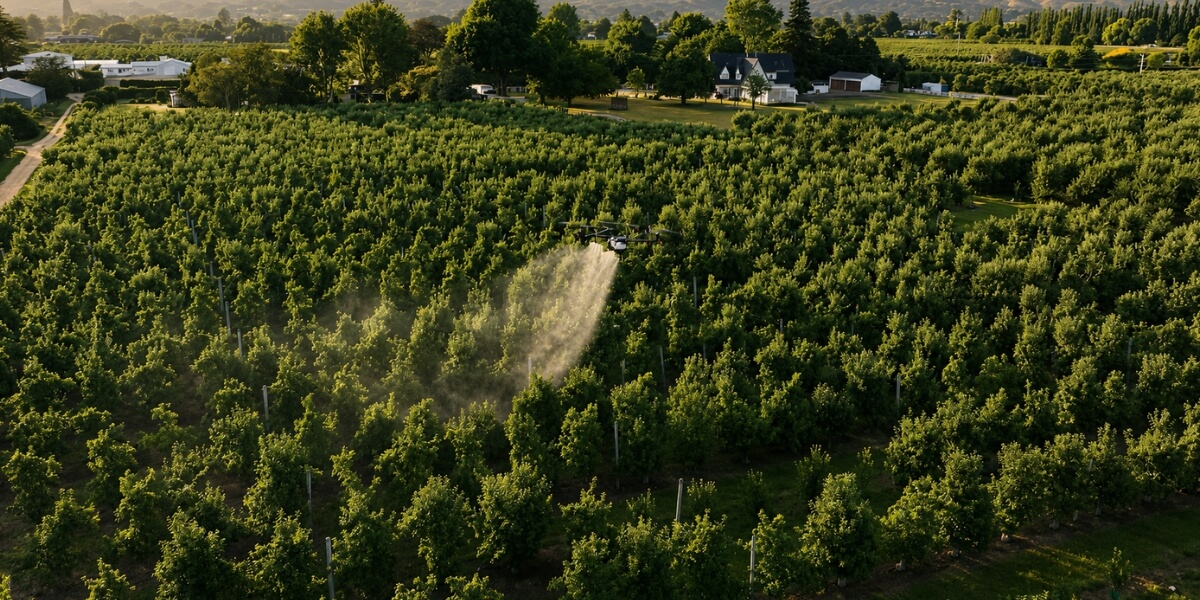 Multiple XAG P150 Max spray drones working across a Hawke’s Bay apple orchard for kaolin clay crop protection.