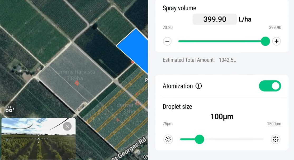 XAG P150 Max controller interface used by the operator during a Surround kaolin clay spraying operation