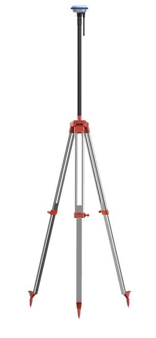 Tripod stand with silver legs and red clamps holding a vertical black pole topped with a blue and white device.
