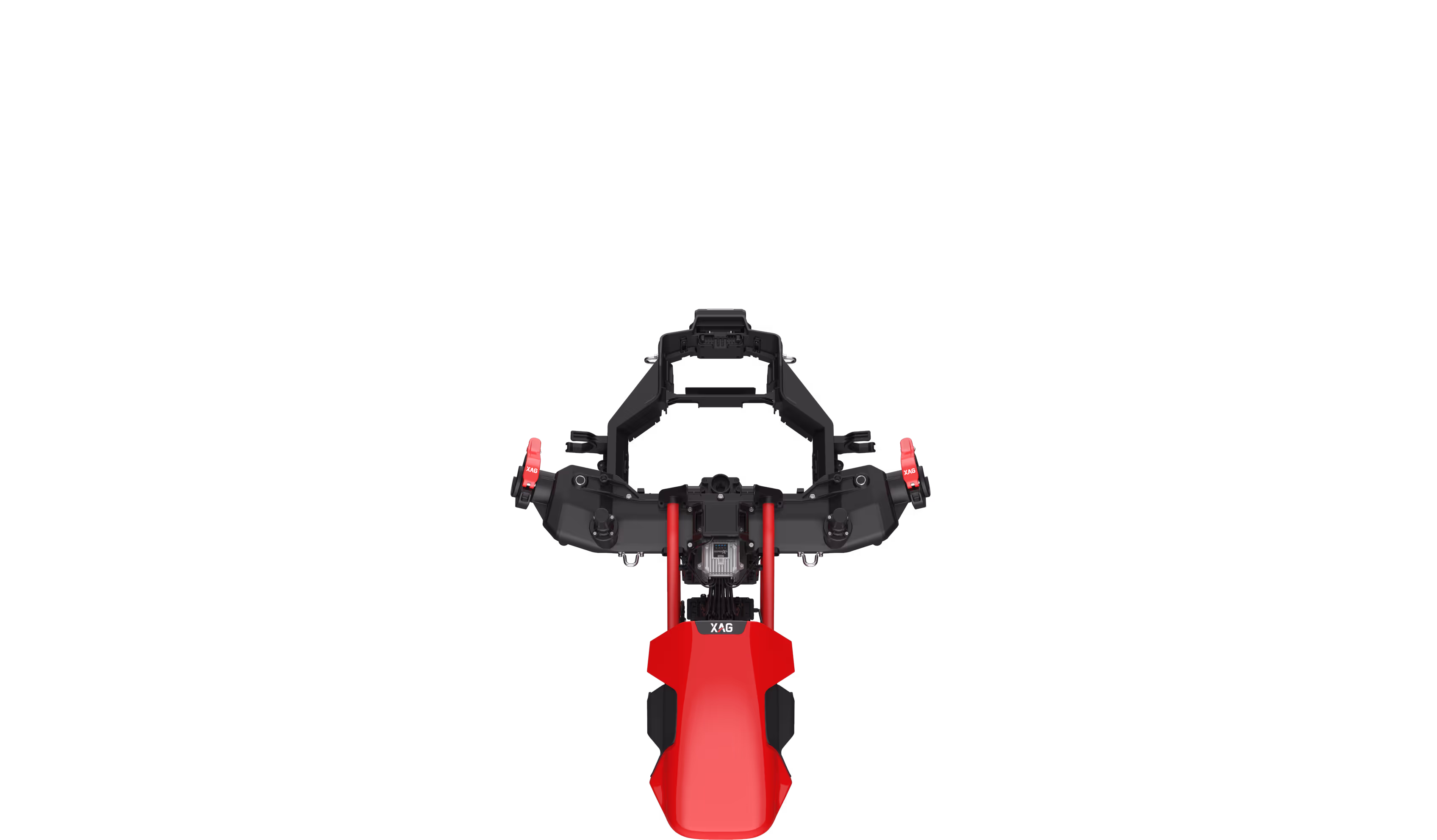 Top view of a red and black XAG autonomous agricultural robot body with two arms.