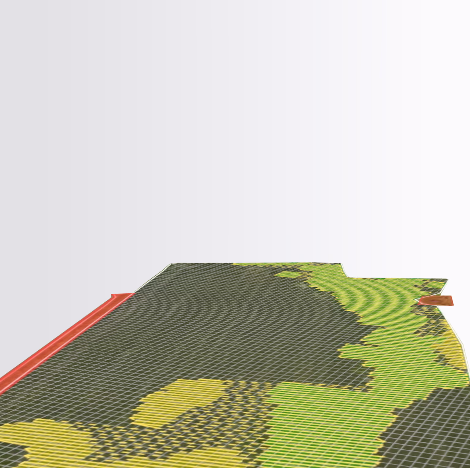 3D map with green, yellow, and dark zones divided by red barriers on two sides