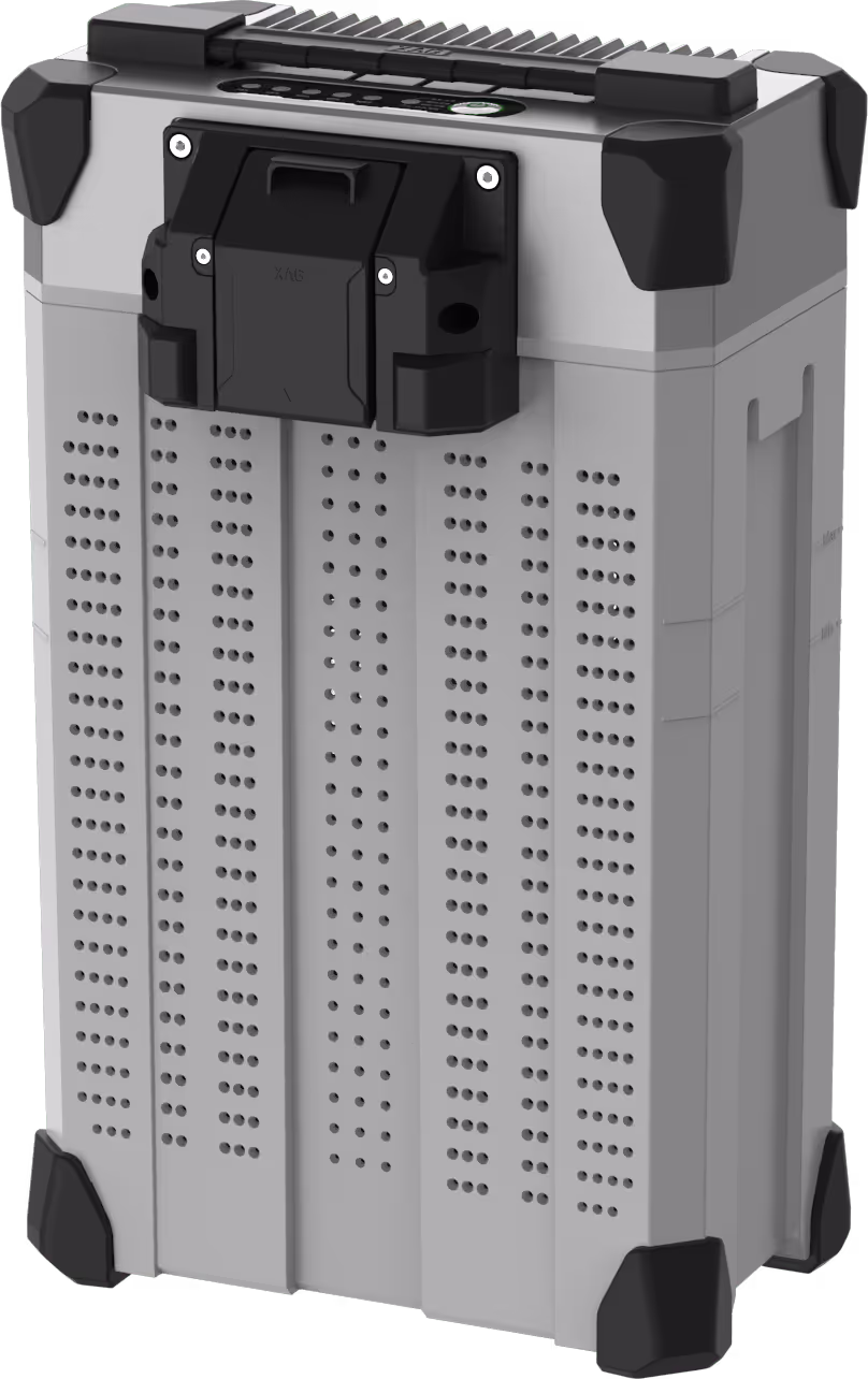 Gray and black portable electronic device with vents and sturdy corner protectors.