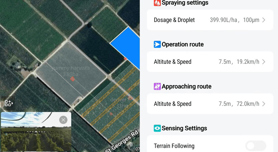 XAG agricultural drone controller displaying autonomous spray mission details during orchard spraying in Hawke’s Bay.