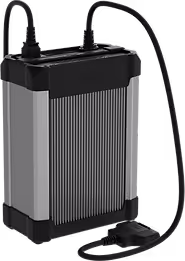 Black and gray electric bike battery pack with two cables attached on top and side.